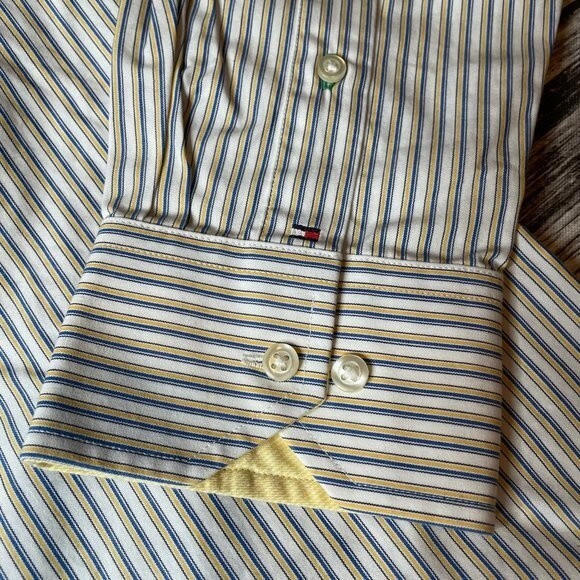 Tommy Hilfiger Mens Button Down Long Sleeve Shirt Yellow White Blue 17 32-33 - Picture 5 of 10